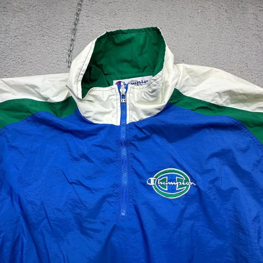 Vintage 90s Champion Blue Green Windbreaker Jacket Mens XL Retro Full Zip Nylon